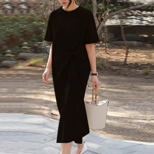 Women's Midi Dress - Short Sleeve - Round Neck - Side Pleated Detail - Relaxed Fit