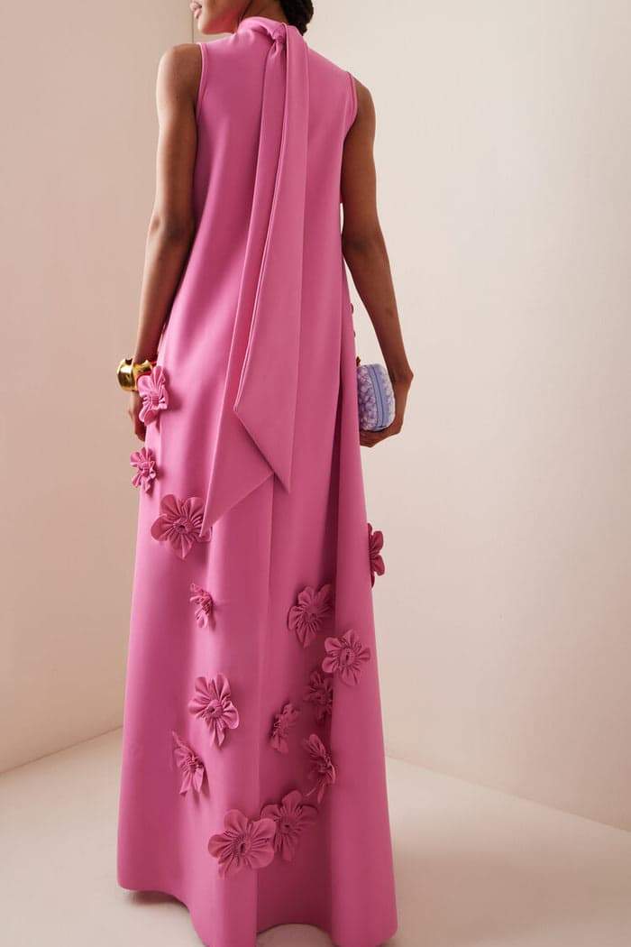 Women’s Maxi Dress – Silky Fabric – Relaxed Fit – 3D Floral Appliqué – High Neckline