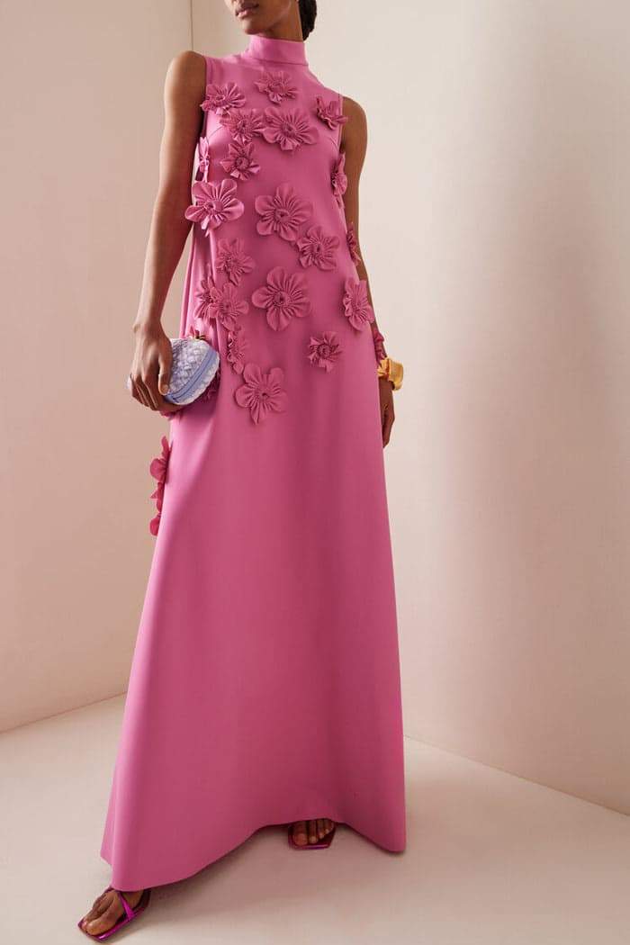 Women’s Maxi Dress – Silky Fabric – Relaxed Fit – 3D Floral Appliqué – High Neckline