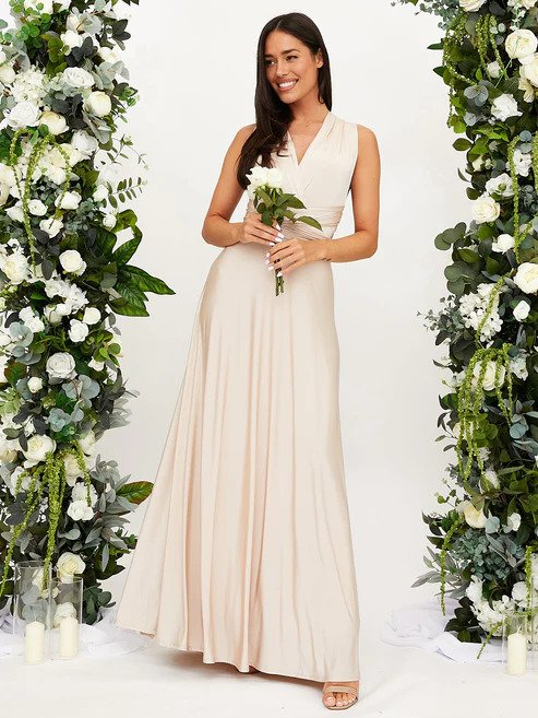 Women's Sleeveless Gown - Deep V-Neck - Fitted Waist - Flowing Floor-Length Elegant Dress