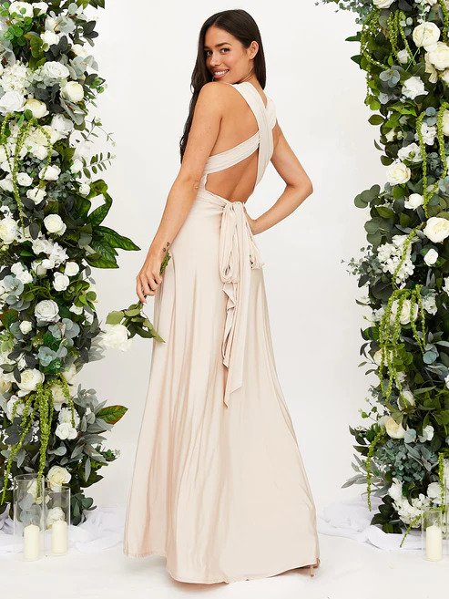 Women's Sleeveless Gown - Deep V-Neck - Fitted Waist - Flowing Floor-Length Elegant Dress