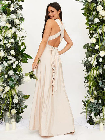 Women's Sleeveless Gown - Deep V-Neck - Fitted Waist - Flowing Floor-Length Elegant Dress