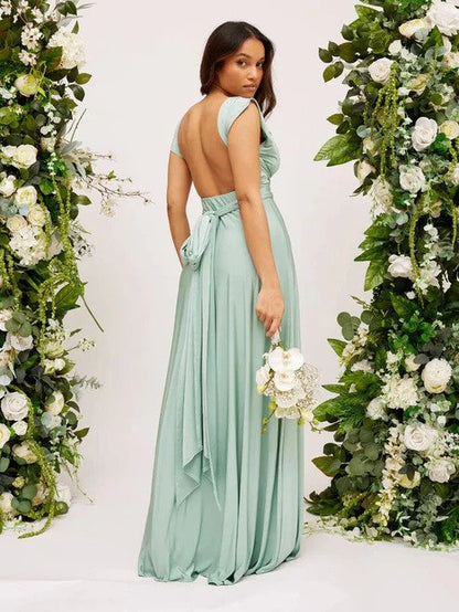 Women's Sleeveless Gown - Deep V-Neck - Fitted Waist - Flowing Floor-Length Elegant Dress