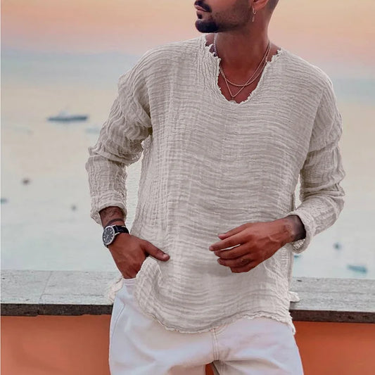 Men’s V-Neck Shirt – Relaxed Fit – Long Sleeve – Crinkled Texture – Breathable Blend