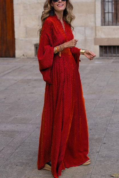 Women's Maxi Dress - V-Neck - Cinched Waist - Flowing Three-Quarter Sleeves - Checkered Pattern