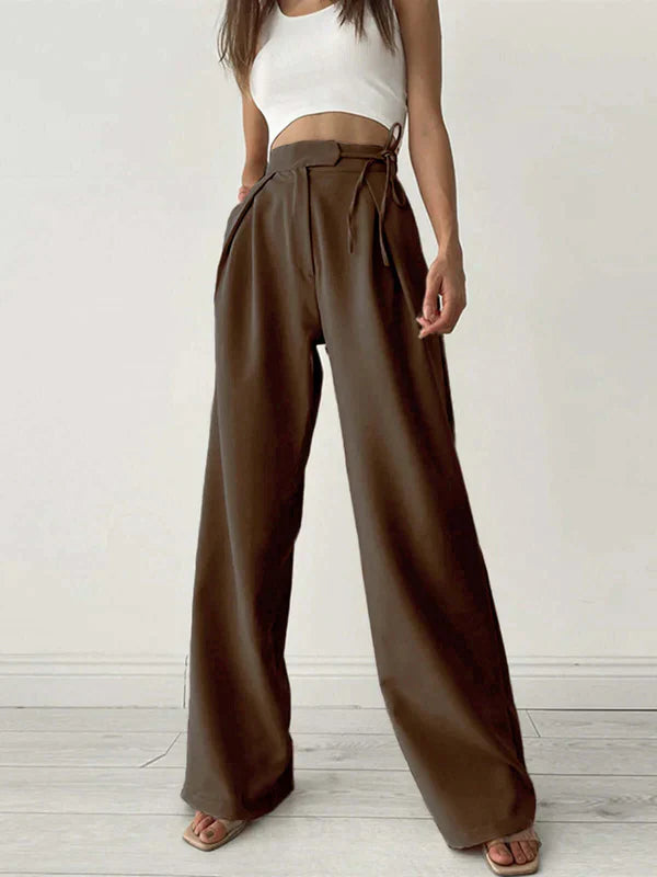 Women’s Wide Leg Trousers – High Waist – Pleated Front – String Belted Flowy Fit