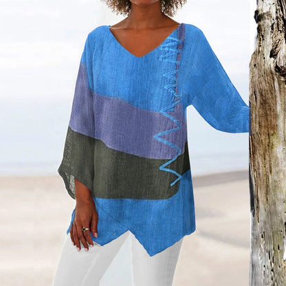 Women’s Tunic Top – Relaxed Fit – V-Neck – Cotton Blend – Asymmetric Hem – 3/4 Sleeve