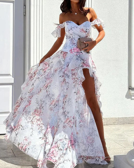 Women’s Maxi Dress – Off Shoulder – Fitted Bodice – Ruffle Skirt – High Slit – Chiffon