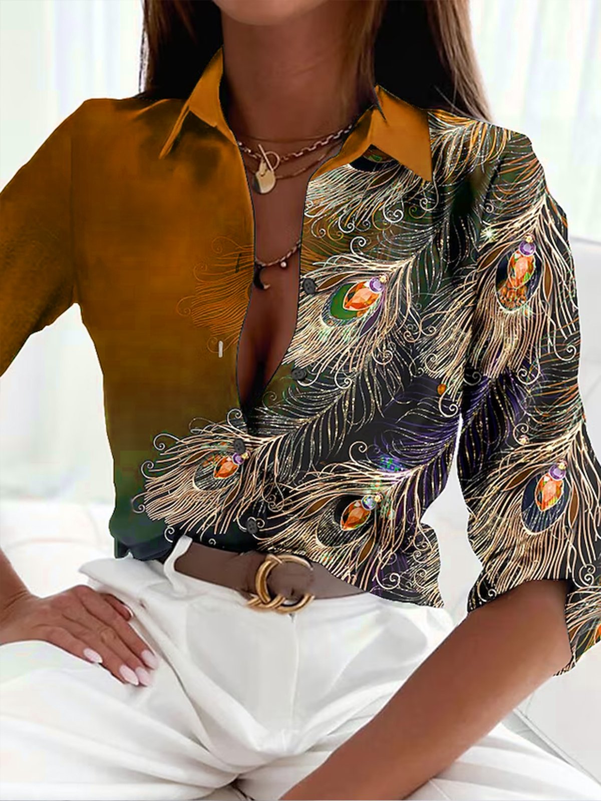 Women’s Blouse – Fitted Silhouette – Silk – Feather Print – Button-Down Style