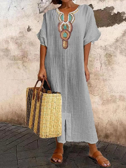 Women’s Kaftan Dress – Relaxed Fit – Embroidered Neckline – Breathable Blend – Full Length