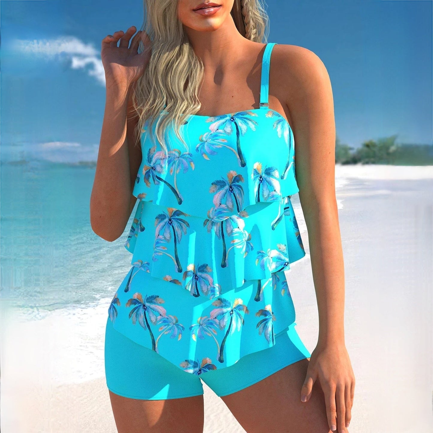 Women’s Tankini Set – Relaxed Fit – Ruffle Top – Adjustable Straps – Swim Shorts