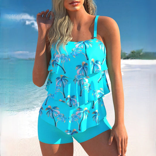 Women’s Tankini Set – Relaxed Fit – Ruffle Top – Adjustable Straps – Swim Shorts