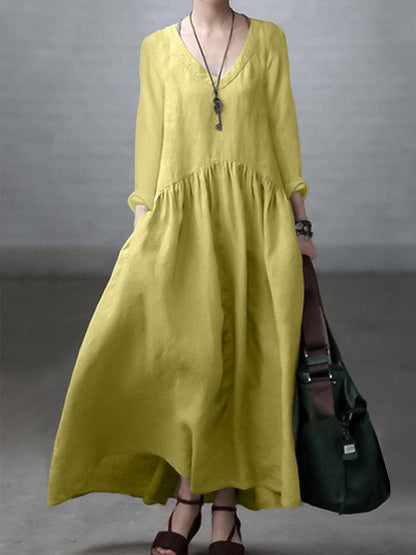 Women’s Maxi Dress – Natural Fibers – Relaxed Fit – V-Neck – Long Sleeve Flowing Style