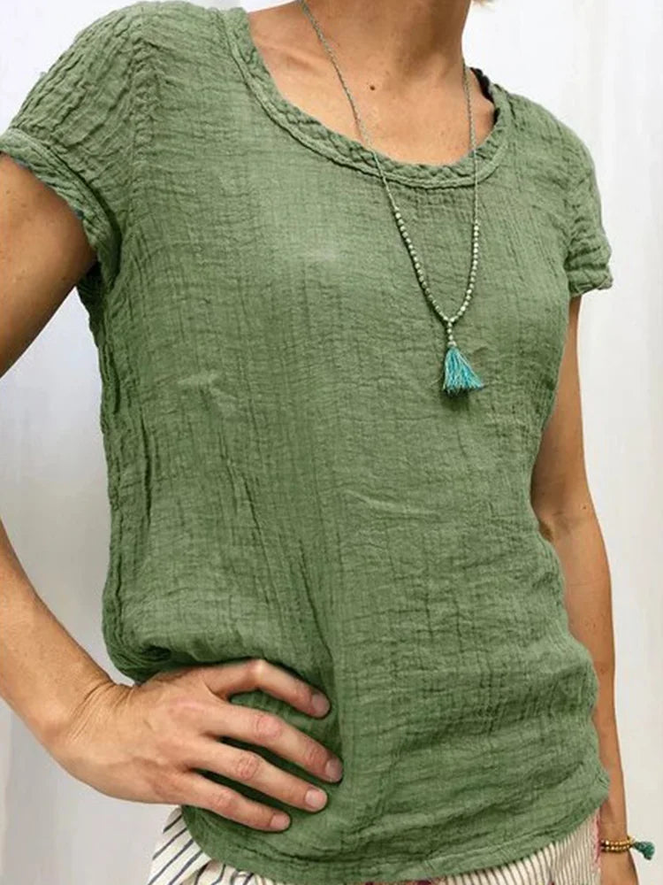 Women’s Casual Tee – Relaxed Fit – Crinkled Texture – Short Sleeve Breathable Fabric