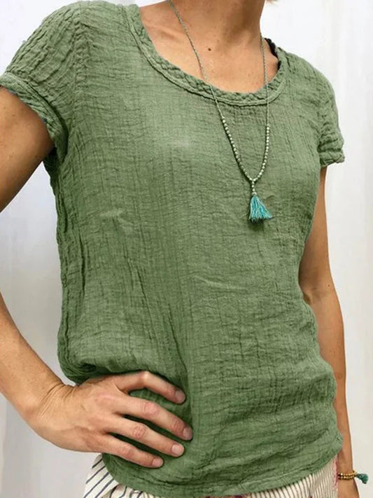 Women’s Casual Tee – Relaxed Fit – Crinkled Texture – Short Sleeve Breathable Fabric