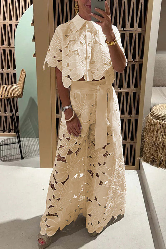 Women’s Two-Piece Set – Lace Floral Matching Outfit – Crop Top – High Waist Wide Leg Pants