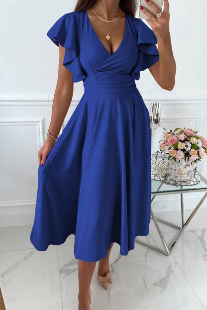 Women's Midi Dress - A-Line Silhouette - Draped V-Neck - Short Ruffled Sleeves - Fitted Waist
