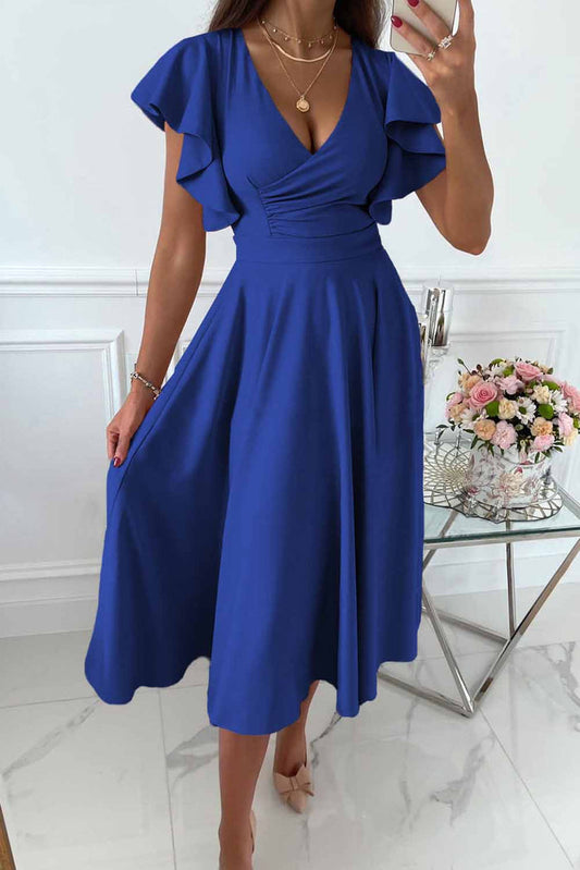 Women's Midi Dress - A-Line Silhouette - Draped V-Neck - Short Ruffled Sleeves - Fitted Waist