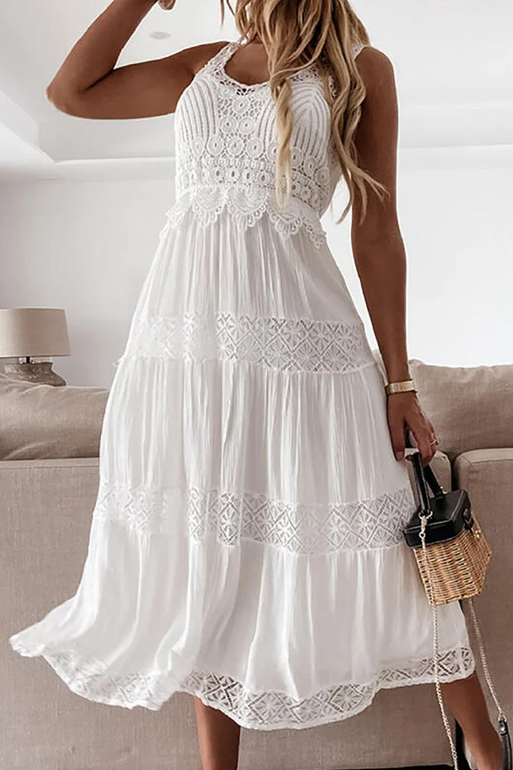 Women's Maxi Dress - Sleeveless Crochet Lace Bodice - Tiered Flowy Skirt