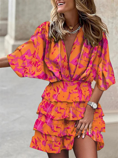 Women's Floral Dress - Short Flowy Design - Deep V-Neck - Ruffled Skirt - Relaxed Fit