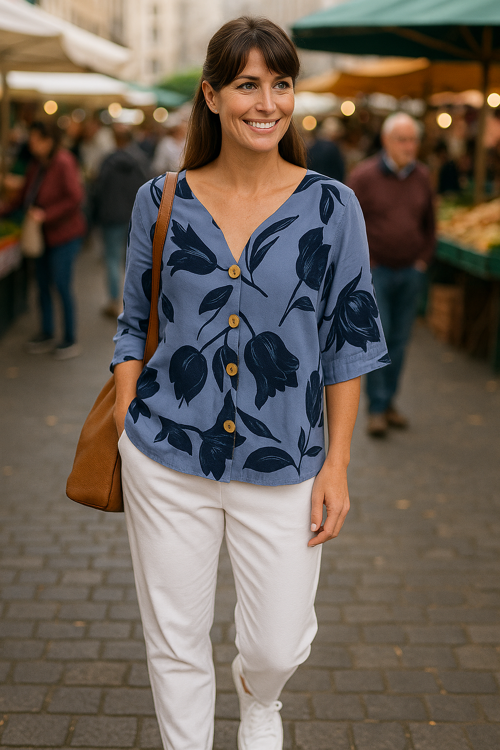 Women’s Blouse – Relaxed Fit – V-Neck – Half Sleeve – Floral Print – Cotton Blend