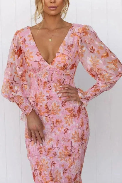 Women's Midi Dress - Floral Pattern - Deep V-Neck - Long Sheer Puff Sleeves - Fitted Silhouette