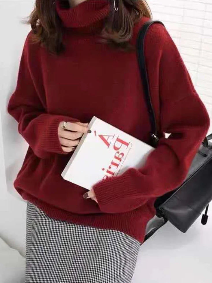 Women’s Turtleneck Sweater – Wool Blend – Relaxed Fit – Ribbed Hem – Hip Length