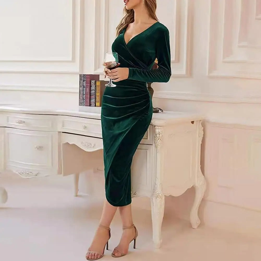 Women's Velvet Midi Dress - Wrap V-Neck - Long Sleeve - Fitted Elegant Ruched Design