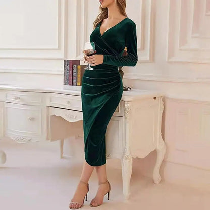 Women's Velvet Midi Dress - Wrap V-Neck - Long Sleeve - Fitted Elegant Ruched Design