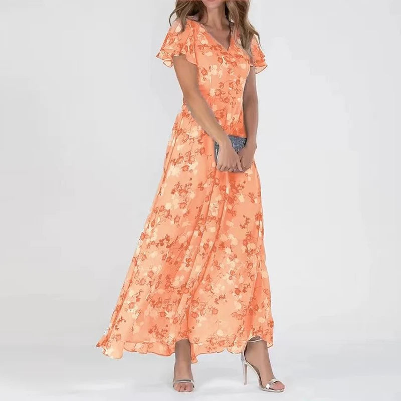 Women's Maxi Dress - Floral Print - Short Flutter Sleeve - V-Neck Flowy Elegant Fit