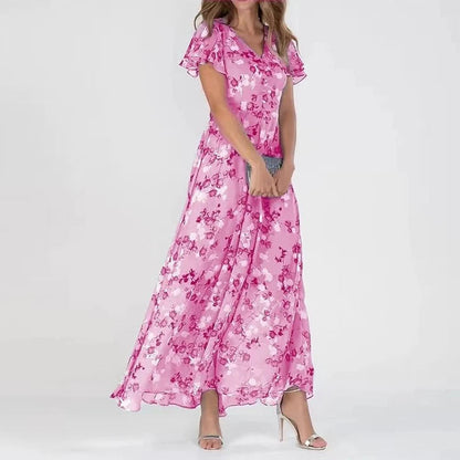 Women's Maxi Dress - Floral Print - Short Flutter Sleeve - V-Neck Flowy Elegant Fit