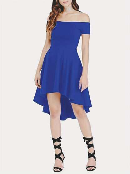 Women's Off-Shoulder High-Low Dress - Fit-and-Flare - Short Sleeve Elegant Party Wear