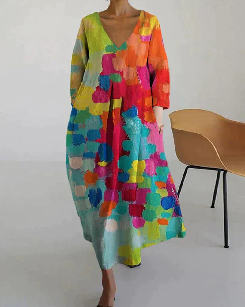 Women's Maxi Dress - Flowing Loose Fit - V-Neck - Three-Quarter Sleeve - Abstract Print