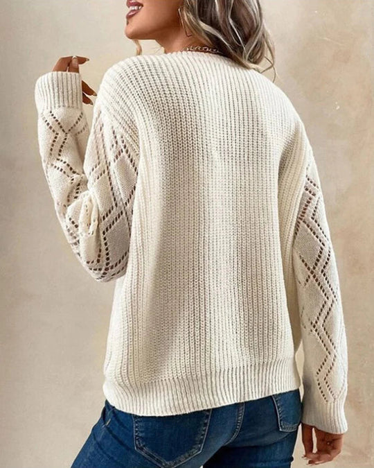 Women’s Sweater – Relaxed Fit – Soft Knit – V-Neck Lace Trim – Diamond Sleeve Detail