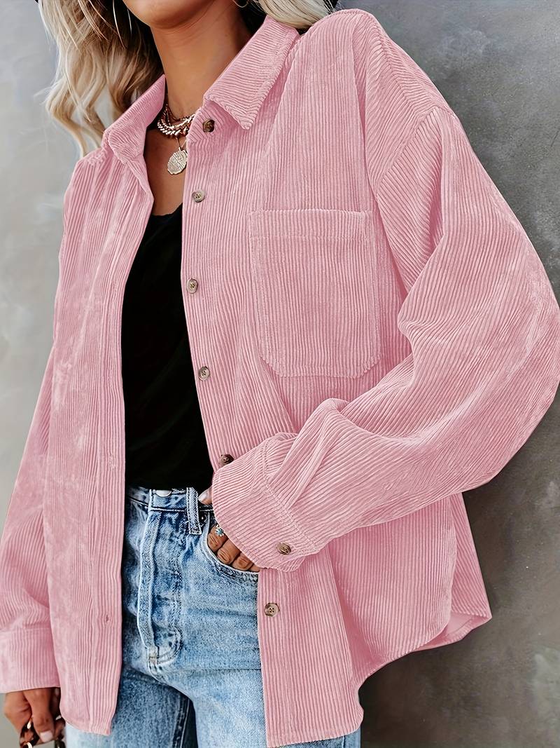 Women’s Shirt – Oversized Fit – Soft Ribbed Texture – Long Sleeve Button-Up Casual