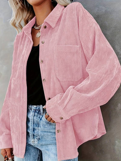Women’s Shirt – Oversized Fit – Soft Ribbed Texture – Long Sleeve Button-Up Casual