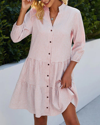Women’s A-Line Dress – Natural Fibers – Checked Pattern – Tiered Hem – 3/4 Sleeve