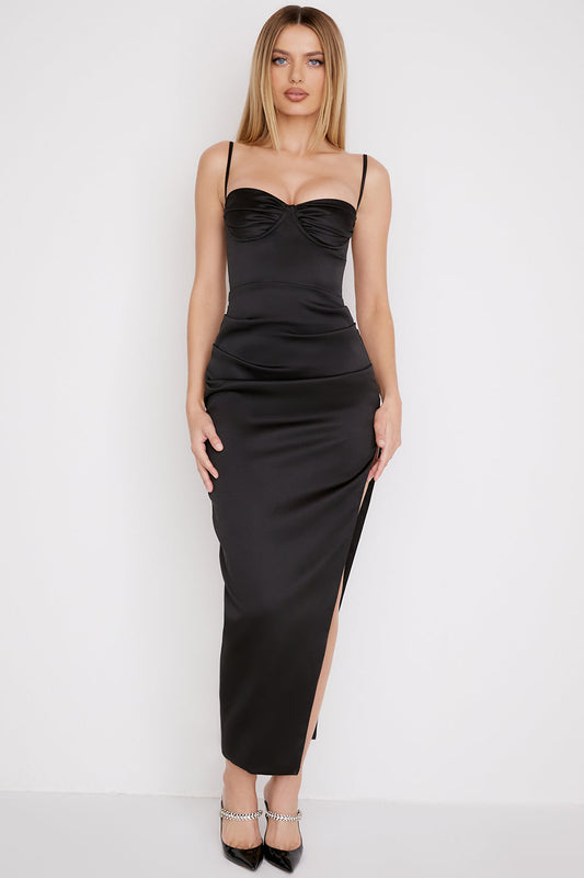 Women’s Midi Dress – Satin – Fitted Pleated Bodice – Spaghetti Straps – Side Slit