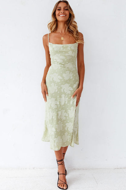 Women’s Slip Midi Dress – Luxury Fabric – Cowl Neck – High Slit – Floral Pattern