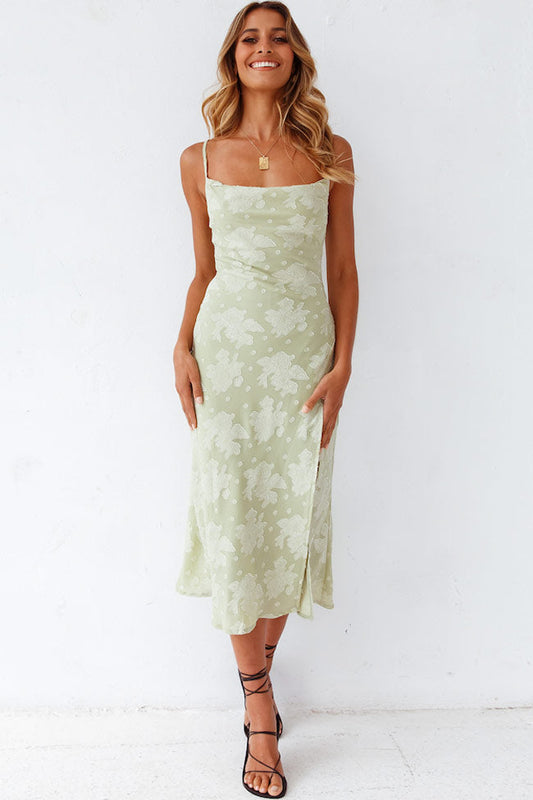 Women’s Slip Midi Dress – Luxury Fabric – Cowl Neck – High Slit – Floral Pattern