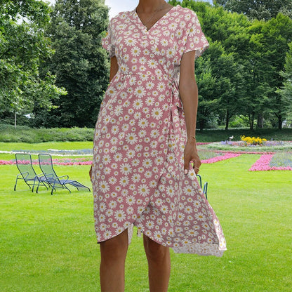 Women's Wrap Dress - Floral Print - V-Neck Short Sleeve - Adjustable Waist Casual Wear