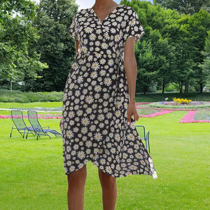 Women's Wrap Dress - Floral Print - V-Neck Short Sleeve - Adjustable Waist Casual Wear