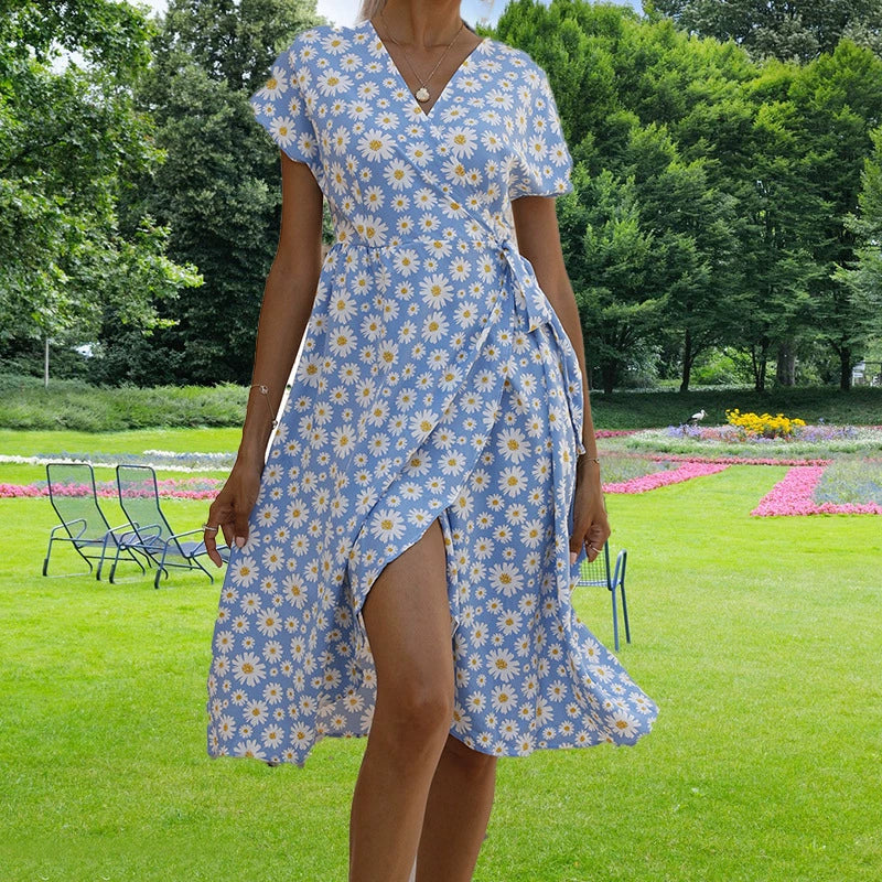 Women's Wrap Dress - Floral Print - V-Neck Short Sleeve - Adjustable Waist Casual Wear