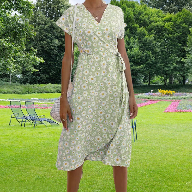 Women's Wrap Dress - Floral Print - V-Neck Short Sleeve - Adjustable Waist Casual Wear