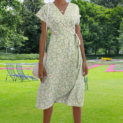 Women's Wrap Dress - Floral Print - V-Neck Short Sleeve - Adjustable Waist Casual Wear