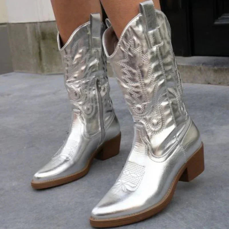 Women’s Cowboy Boots – Mid Calf Fit – Decorative Stitching – Side Zipper – Low Heel