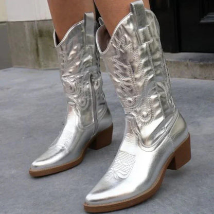 Women’s Cowboy Boots – Mid Calf Fit – Decorative Stitching – Side Zipper – Low Heel