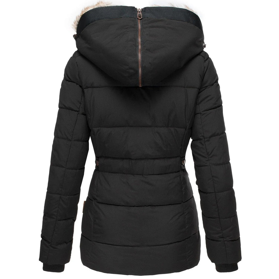 Isabella Quilted Hooded Puffer Jacket | Fur Trim Zipper Pockets Jacket