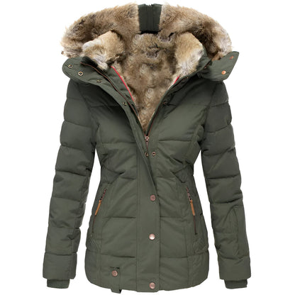 Isabella Quilted Hooded Puffer Jacket | Fur Trim Zipper Pockets Jacket