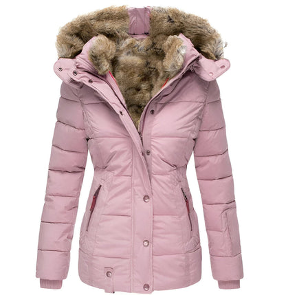 Isabella Quilted Hooded Puffer Jacket | Fur Trim Zipper Pockets Jacket
